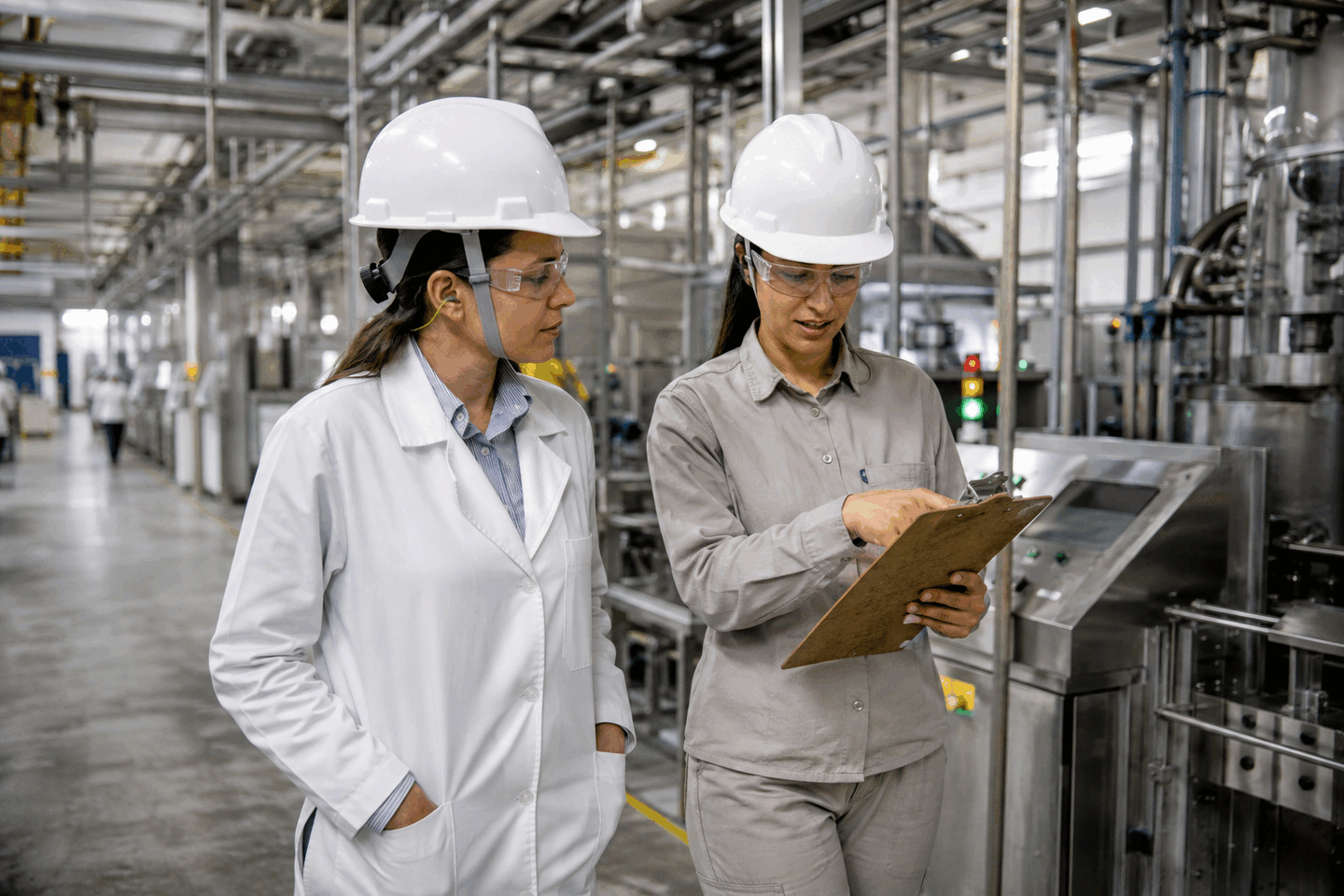 Auditora e supervisora verificando controles em uma linha de produção