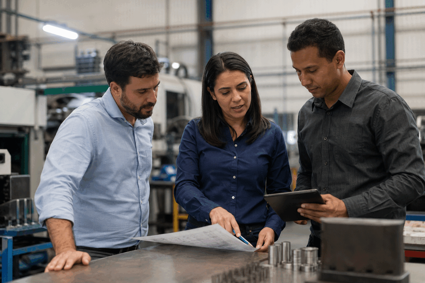 Consultora e gestores analisando a implementação de um sistema de gestão em ambiente industrial